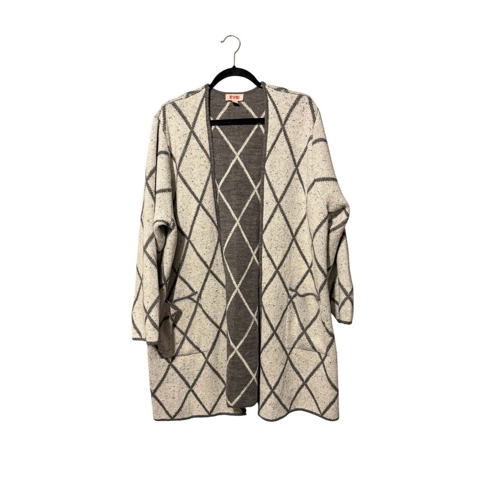 Evri Open Front Long Cardigan Size 2X Gray Windowpane